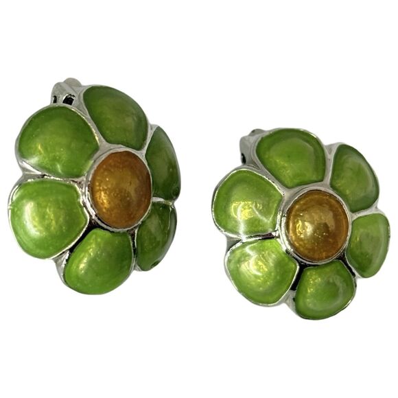 VTG Green Daisy Flower Button Clip On Earrrings 1" Silver Tone Spring Jewelry - Picture 3 of 11